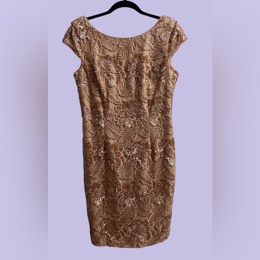 Alex Evenings Brown Cream Sheath Dress with Flutter Sleeves for Cocktail